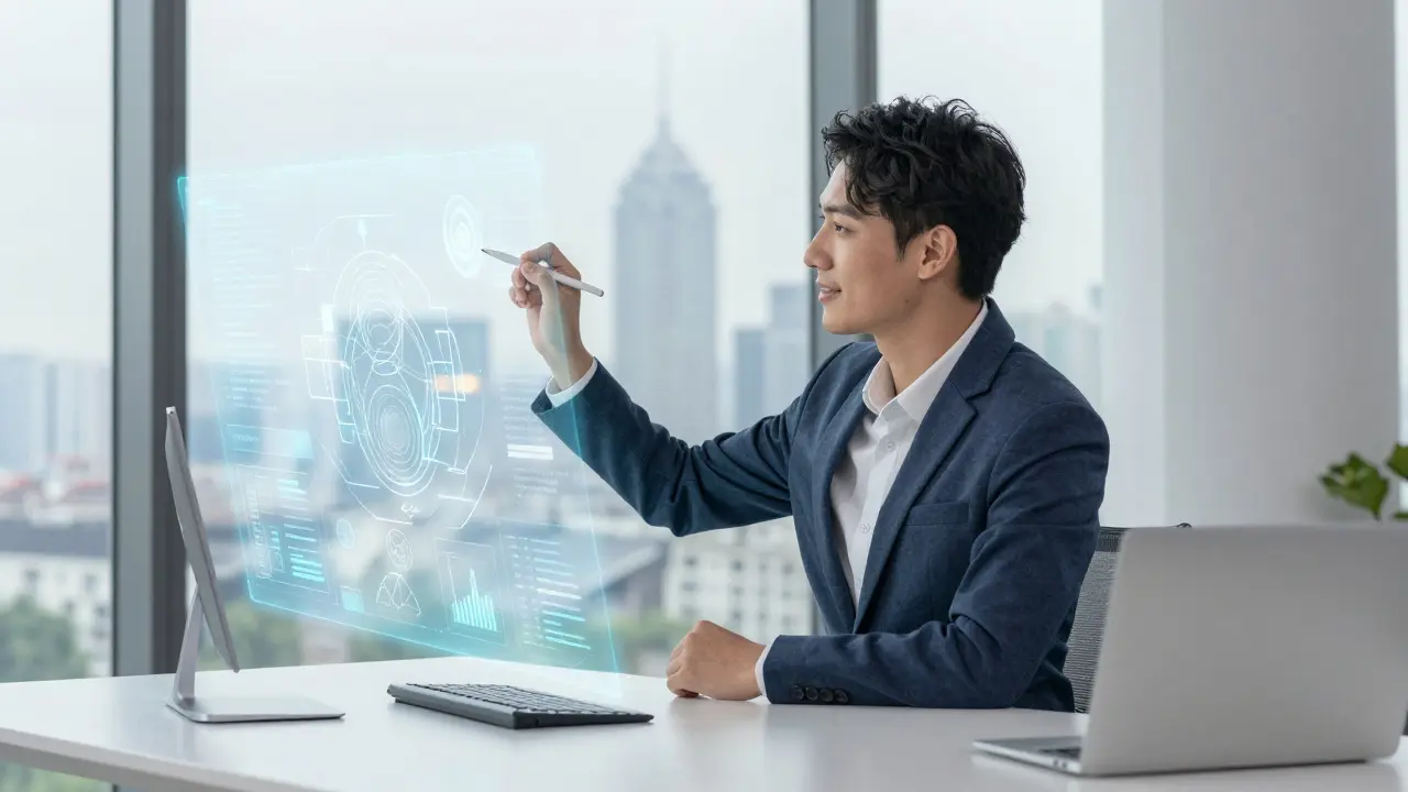 Human strategist collaborating with holographic AI interface