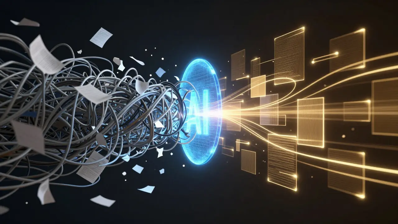 Messy data transforming into organized insights via AI filter