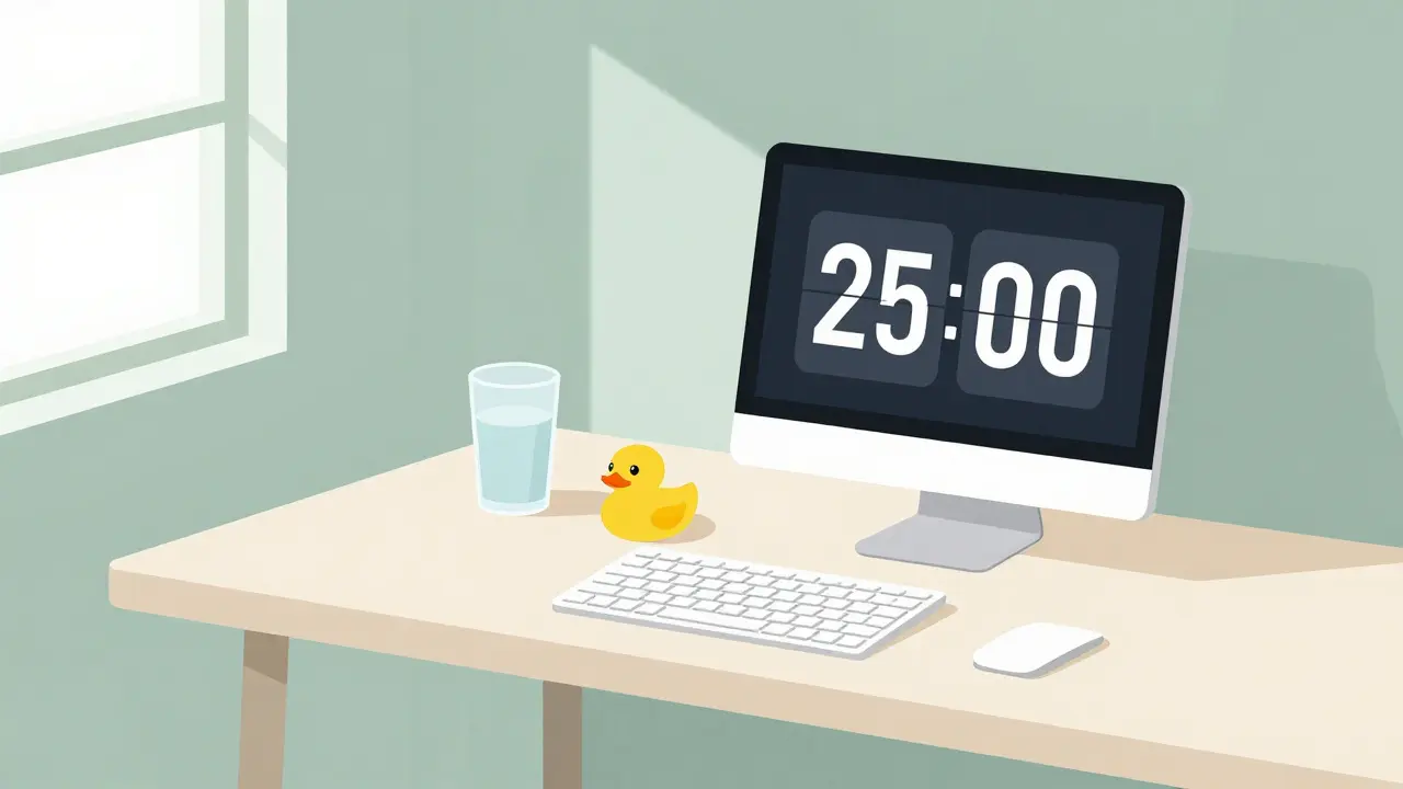 Minimalist desk setup with rubber duck, water, and Pomodoro timer for focused coding
