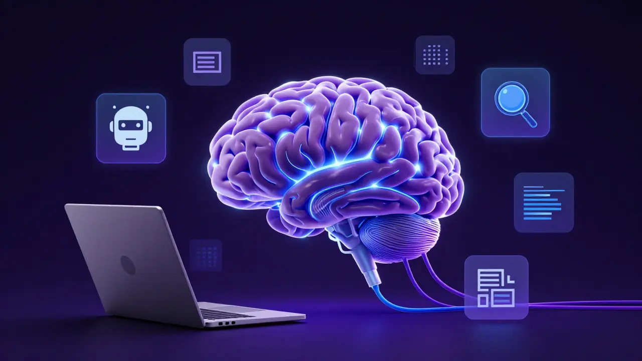 Neural network brain connected to AI and coding tools digitally