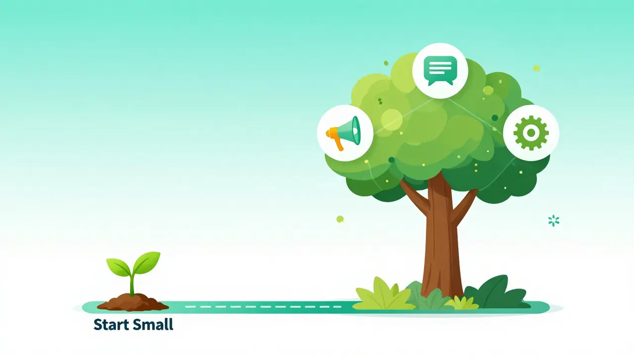 Roadmap illustration showing small start scaling to full growth