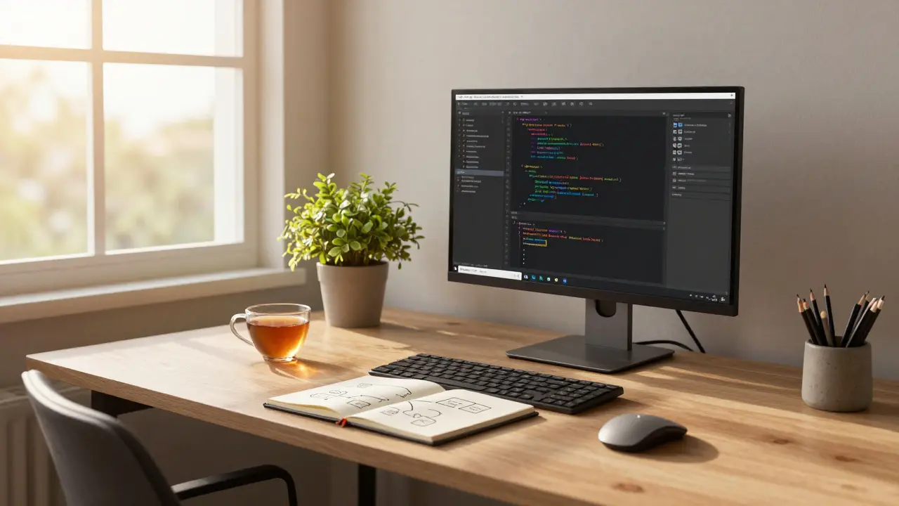 Serene, sunlit home office workspace promoting coding flow