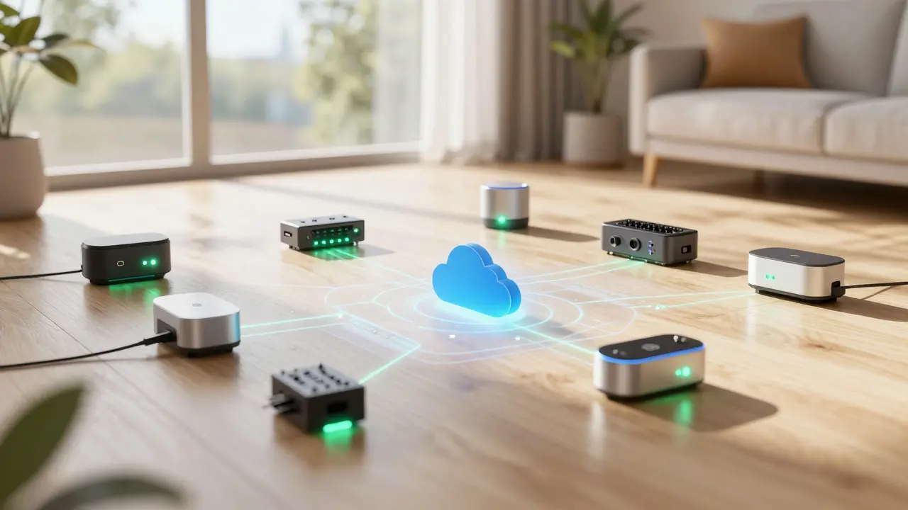 Smart home IoT devices with glowing indicators showing edge AI processing
