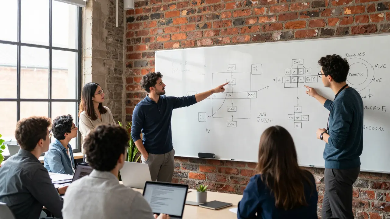 Team discussing code architecture on a whiteboard