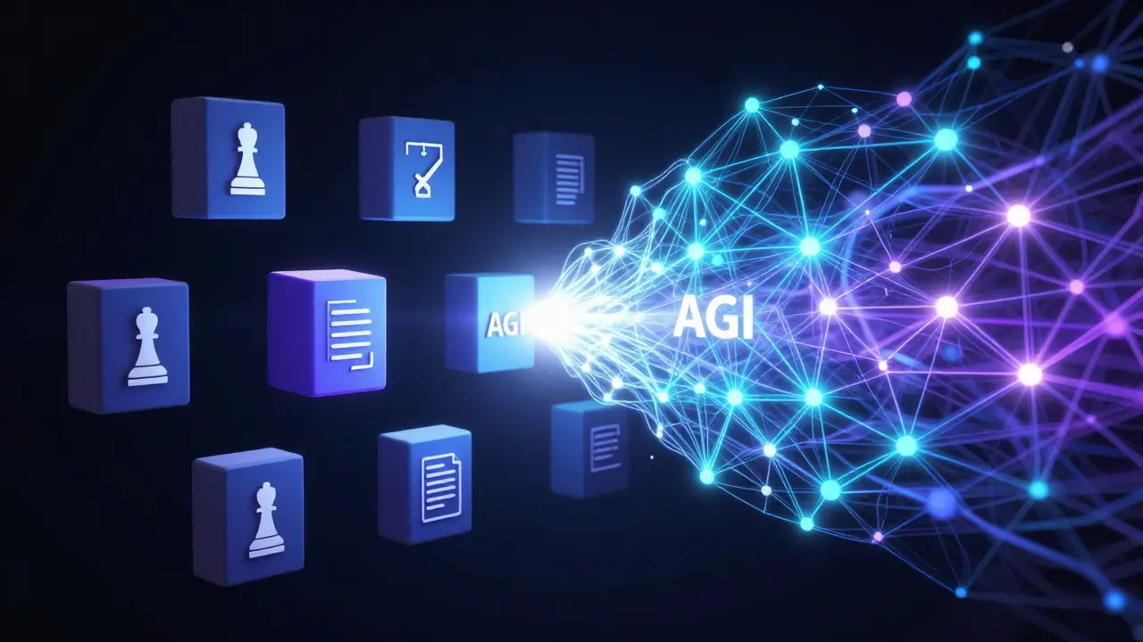 Visual metaphor contrasting isolated Narrow AI with connected AGI networks