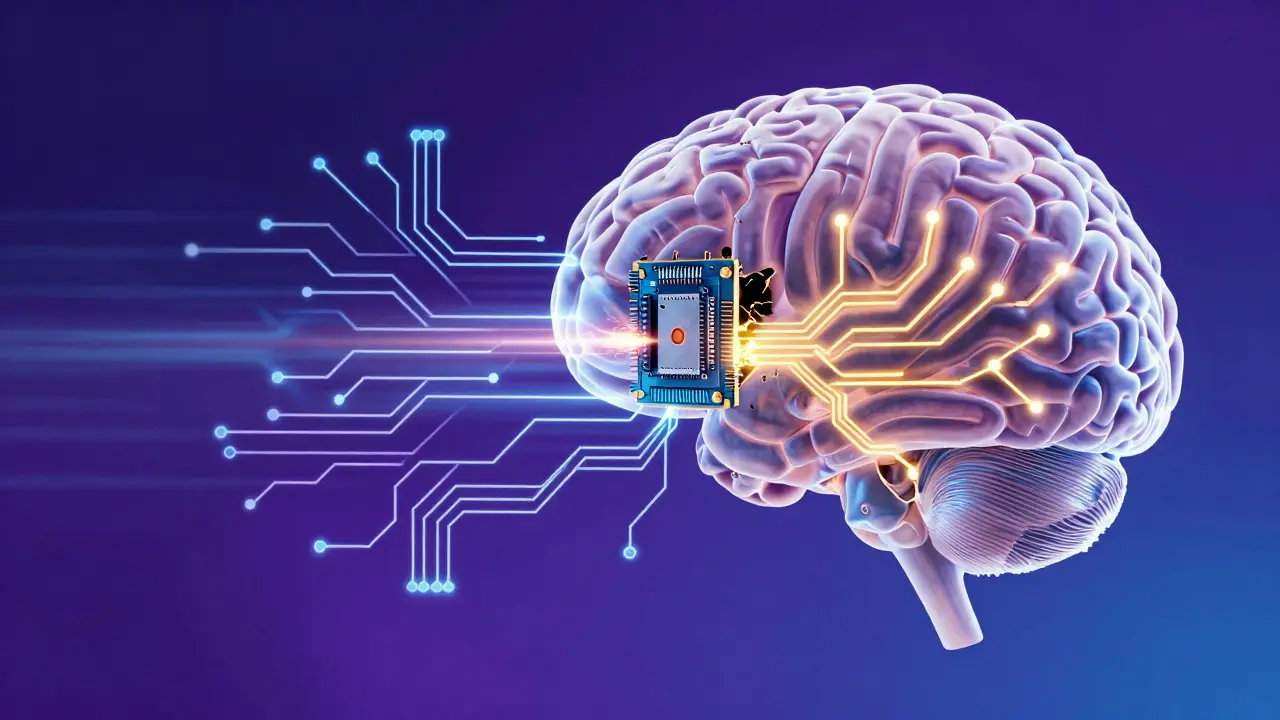 Abstract brain merging with circuit boards to symbolize debugging