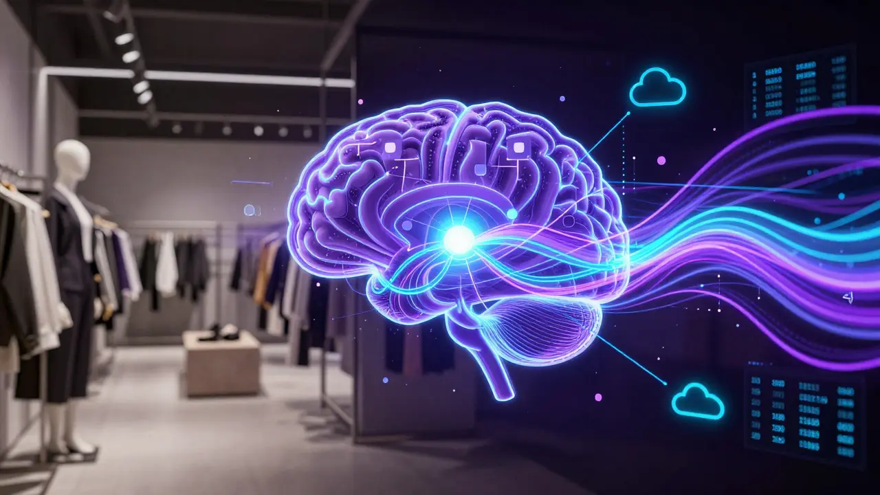 Abstract visualization of data streams predicting retail demand patterns.
