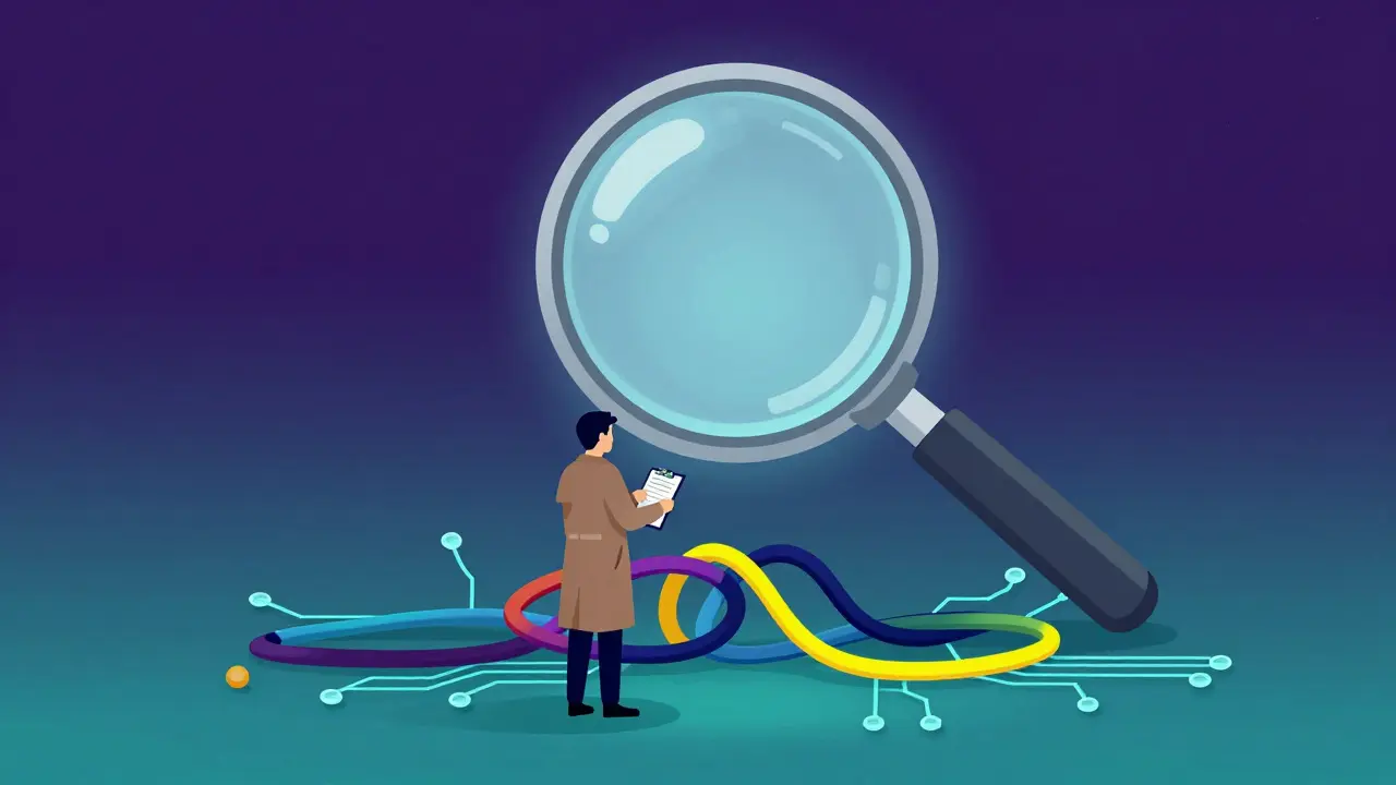 Detective inspecting tangled digital wires with magnifying glass