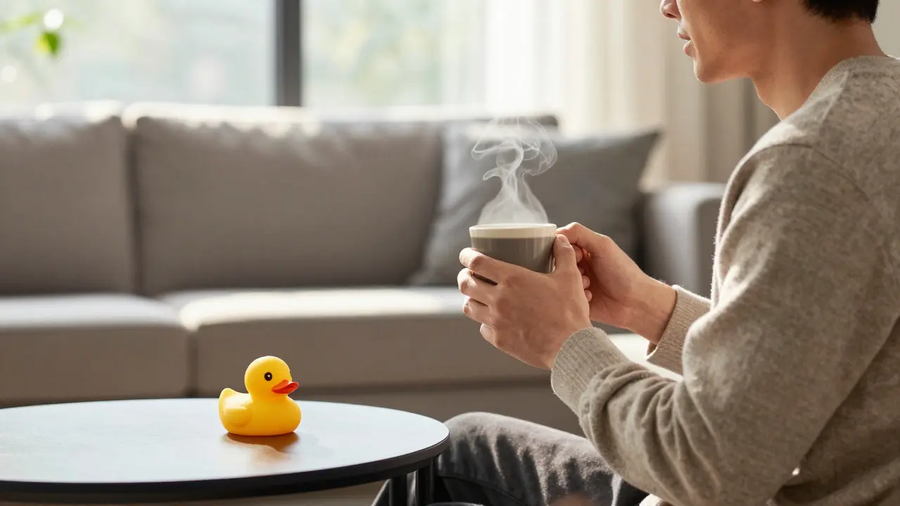 Developer relaxing with coffee and rubber duck by sunny window