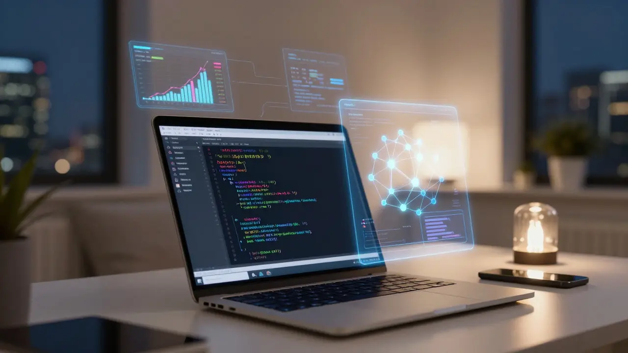 Developer working on Python AI code with holographic data visualizations in a modern office.