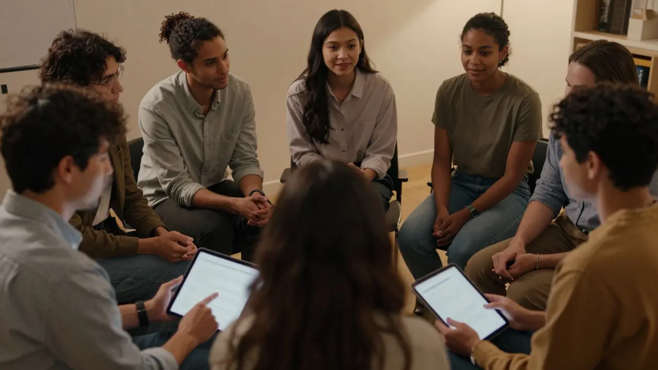 Diverse dev team collaborating safely in a warm, circular meeting setup.