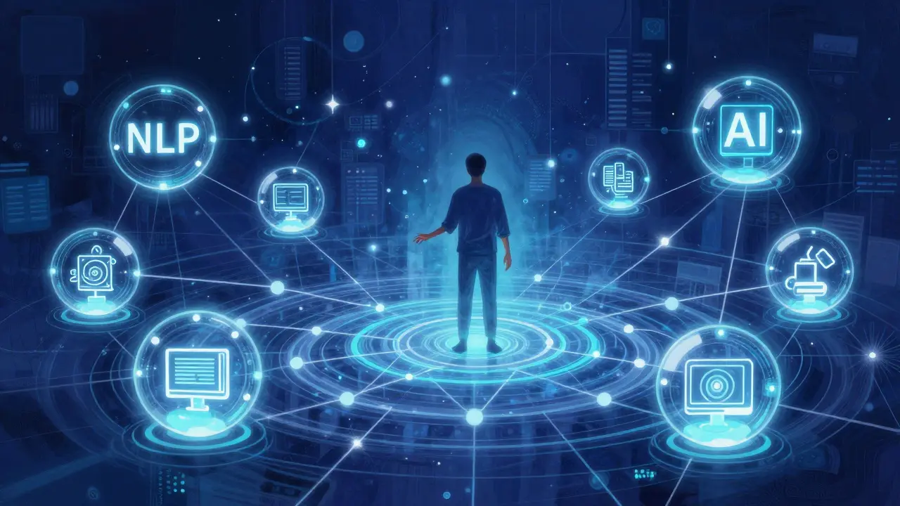 Futuristic illustration of a human orchestrating interconnected AI systems and data flows.