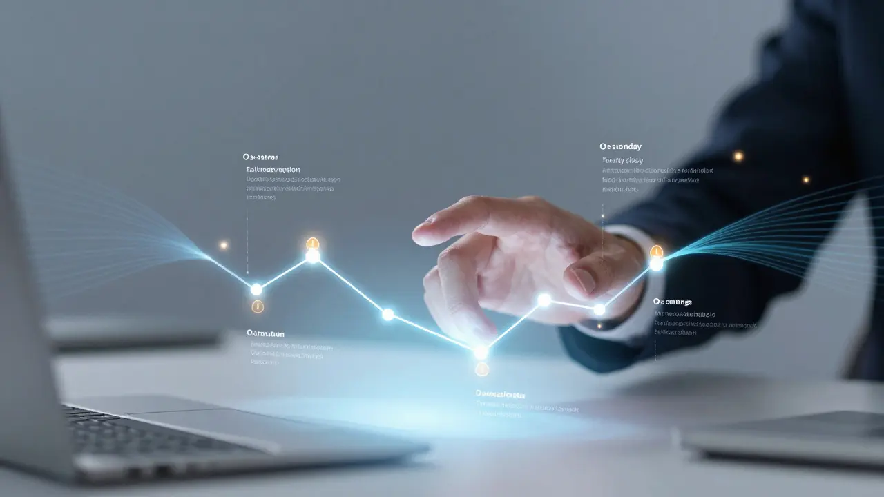 Holographic timeline showing predictive risk analysis and data streams.