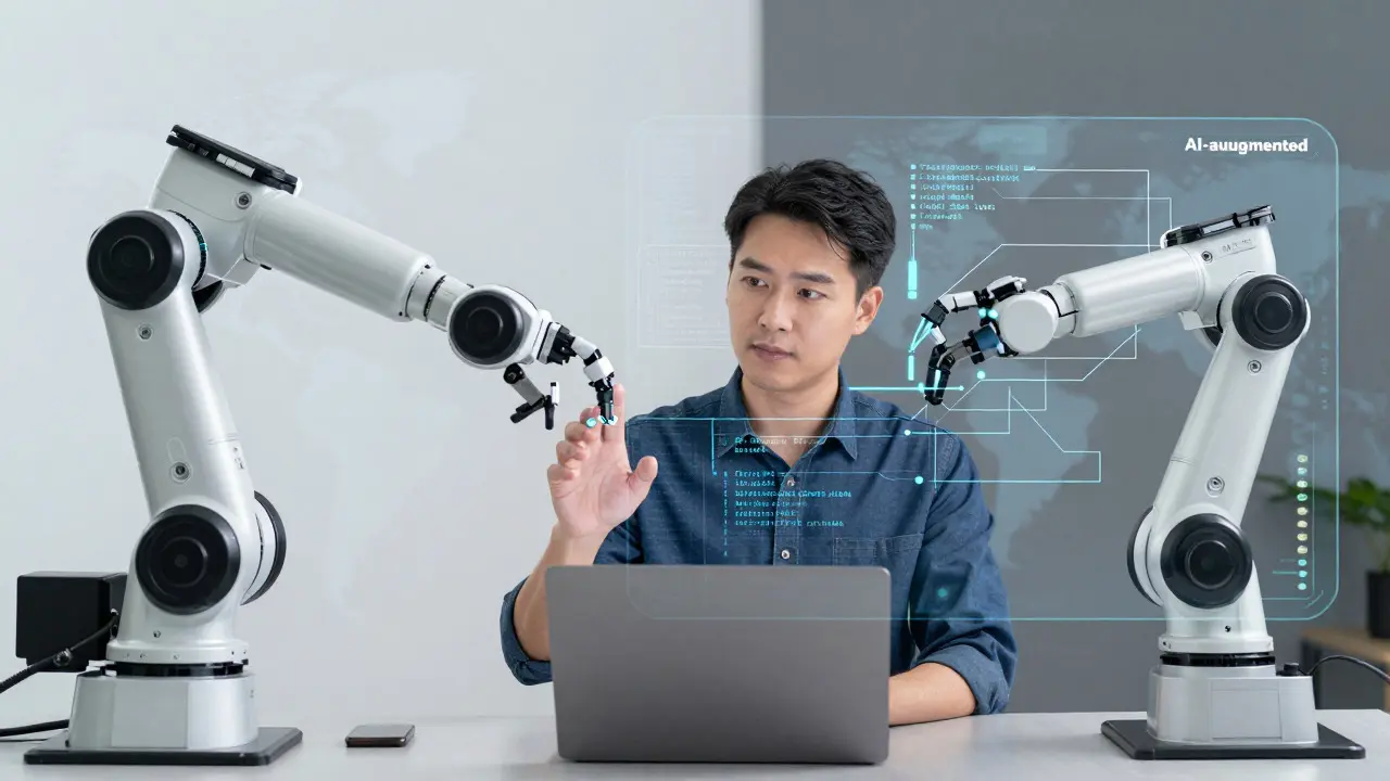 Human guiding robotic arm, symbolizing AI-augmented job security.