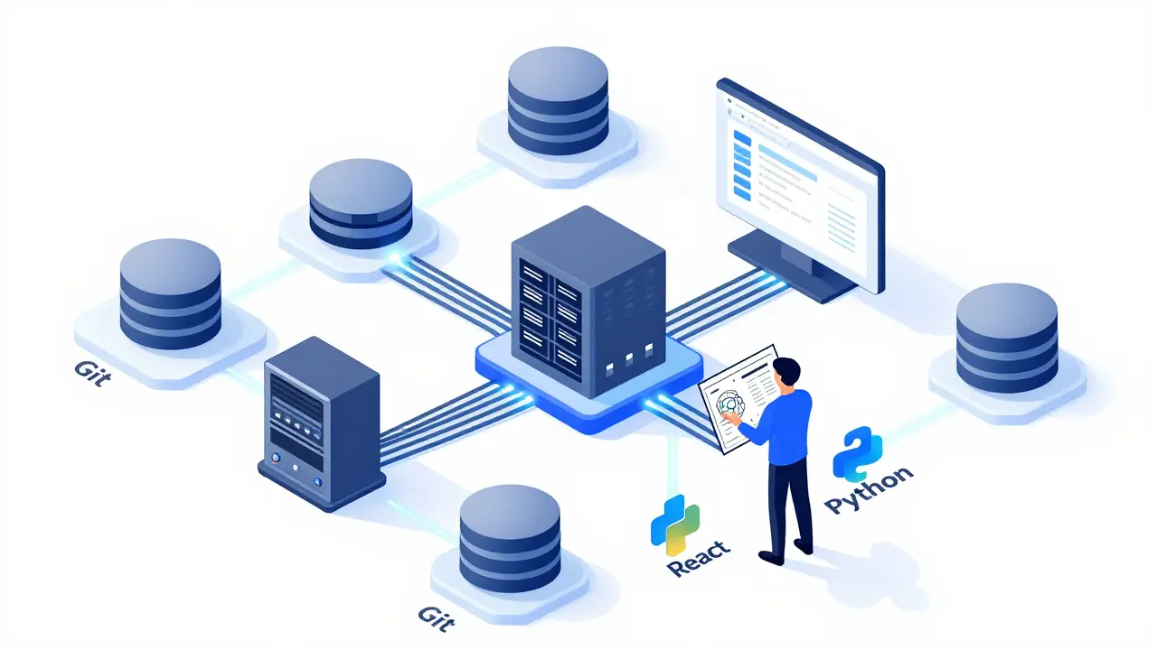 Isometric view of a developer managing a structured app architecture