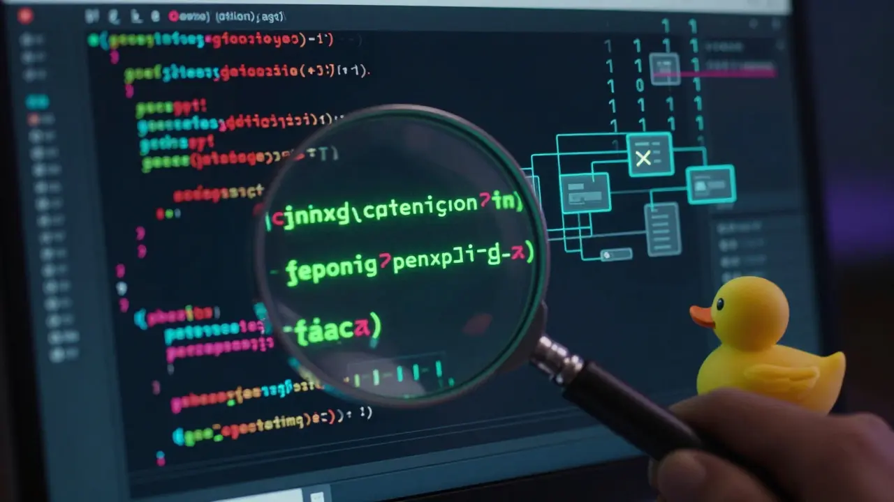 Magnifying glass inspecting code variables with debugging tools nearby