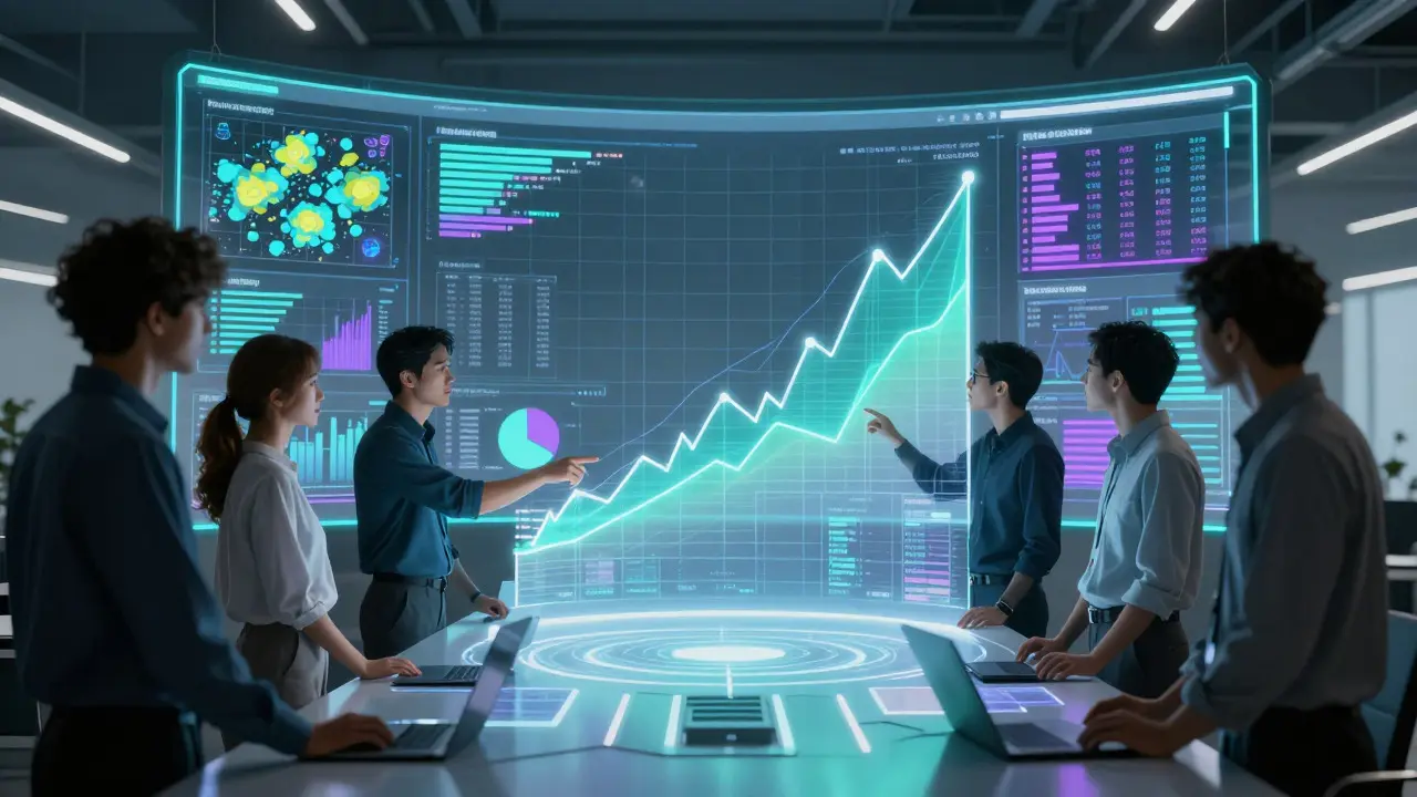 Marketers using holographic AI dashboards for predictive market research insights.