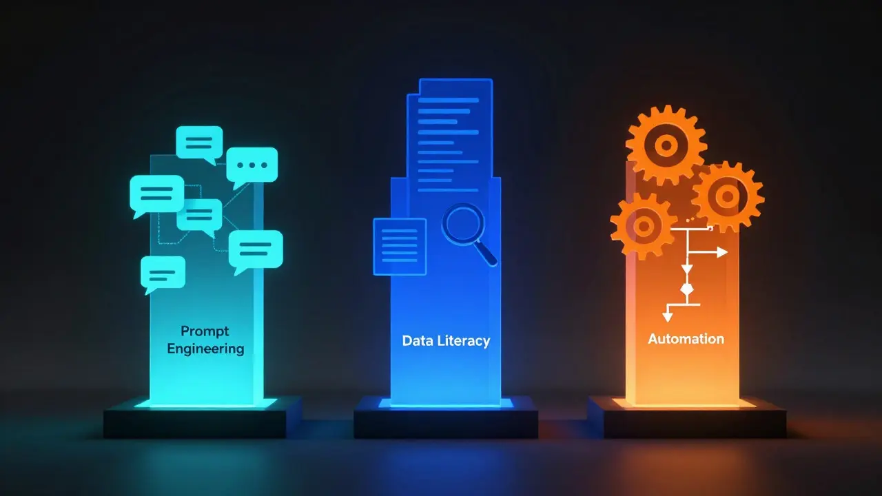 Three glowing pillars representing prompt engineering, data literacy, and automation.