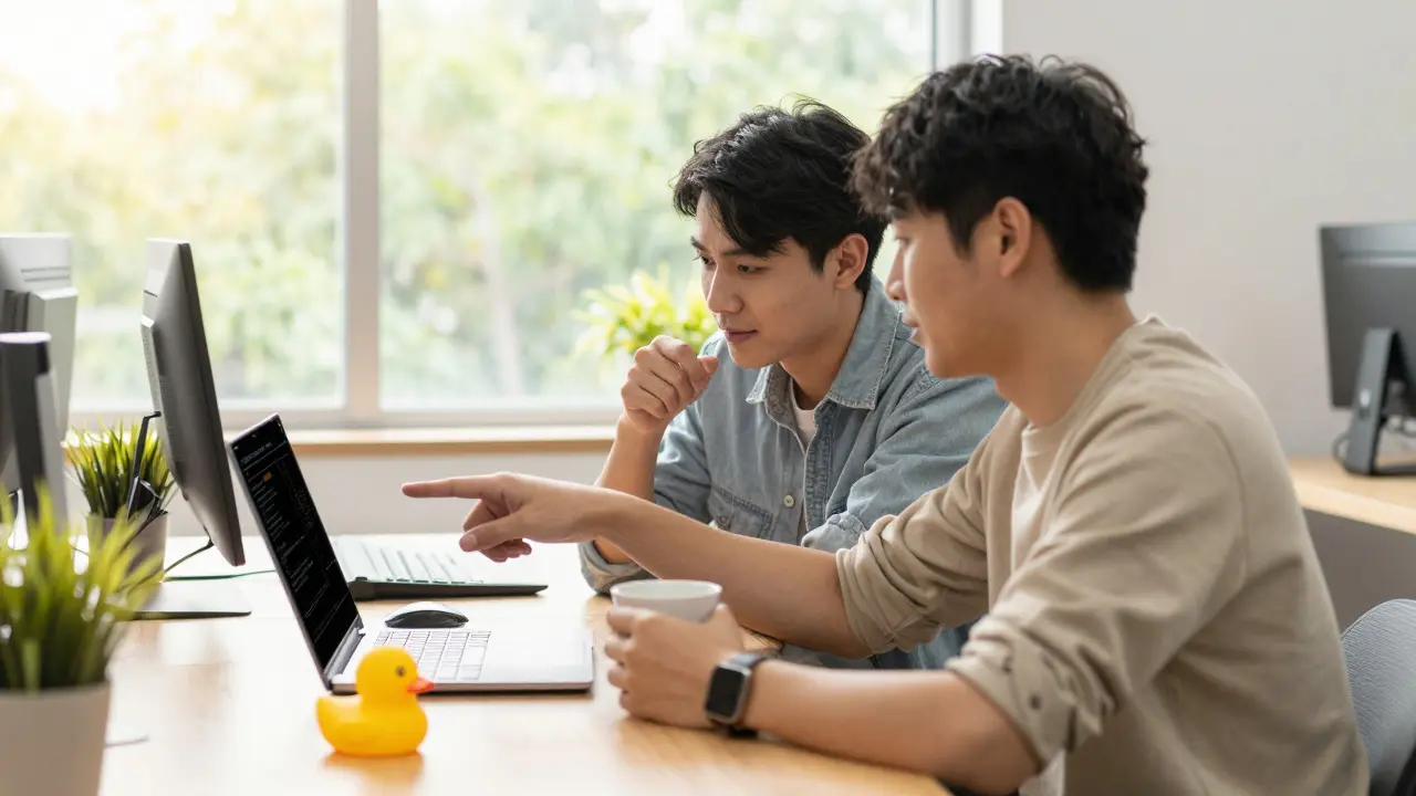 Two developers collaborating with a rubber duck on their desk