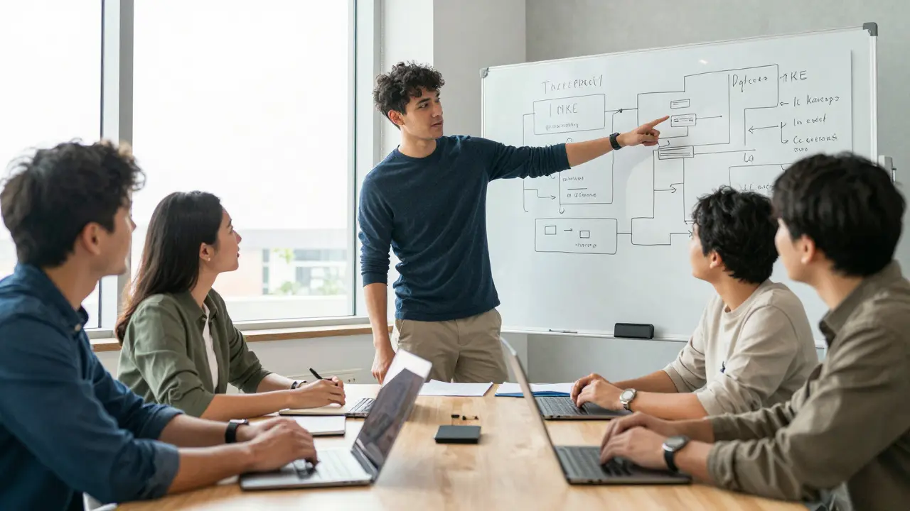 A group of software developers discussing project plans around a table