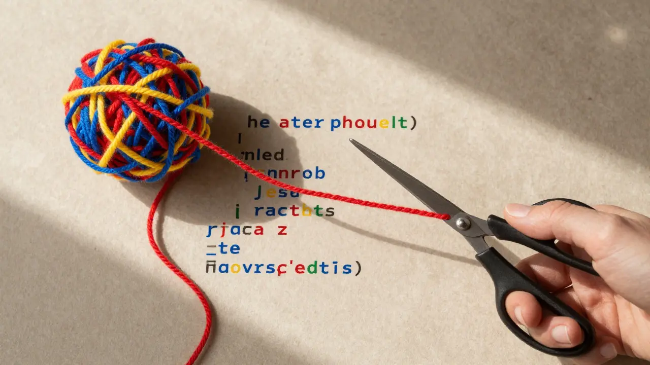 A hand untangling a colorful ball of yarn into neat parallel strands