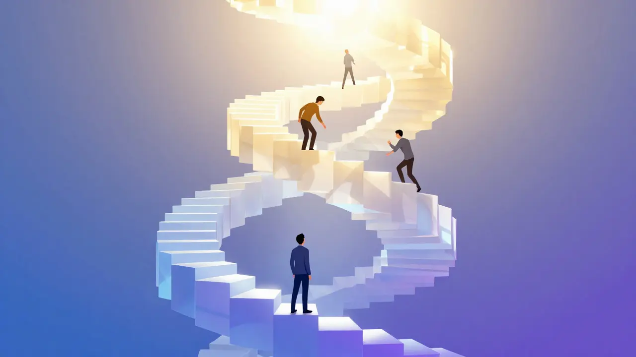 A spiral staircase of glowing blocks representing the path to programming mastery