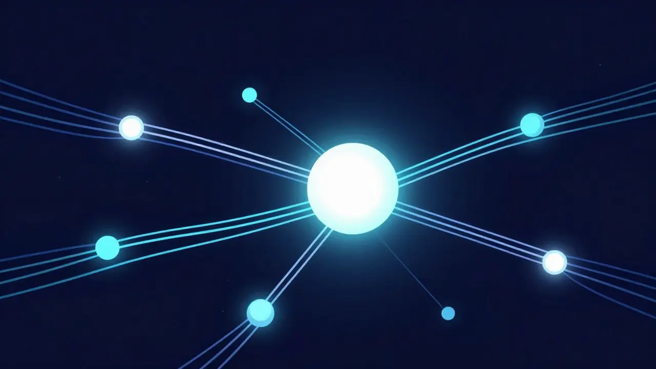 Abstract digital art showing a central light source connected by branching streams, symbolizing concurrent programming tasks.