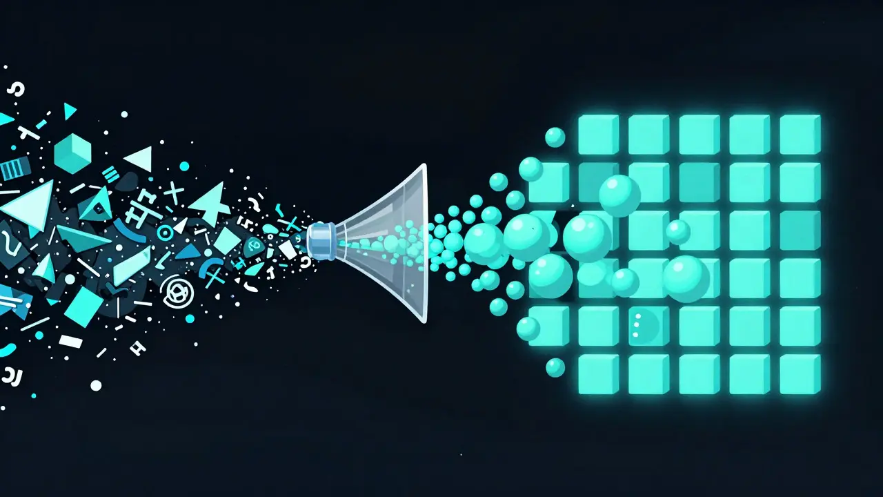 Abstract illustration of raw data transforming into structured cubes