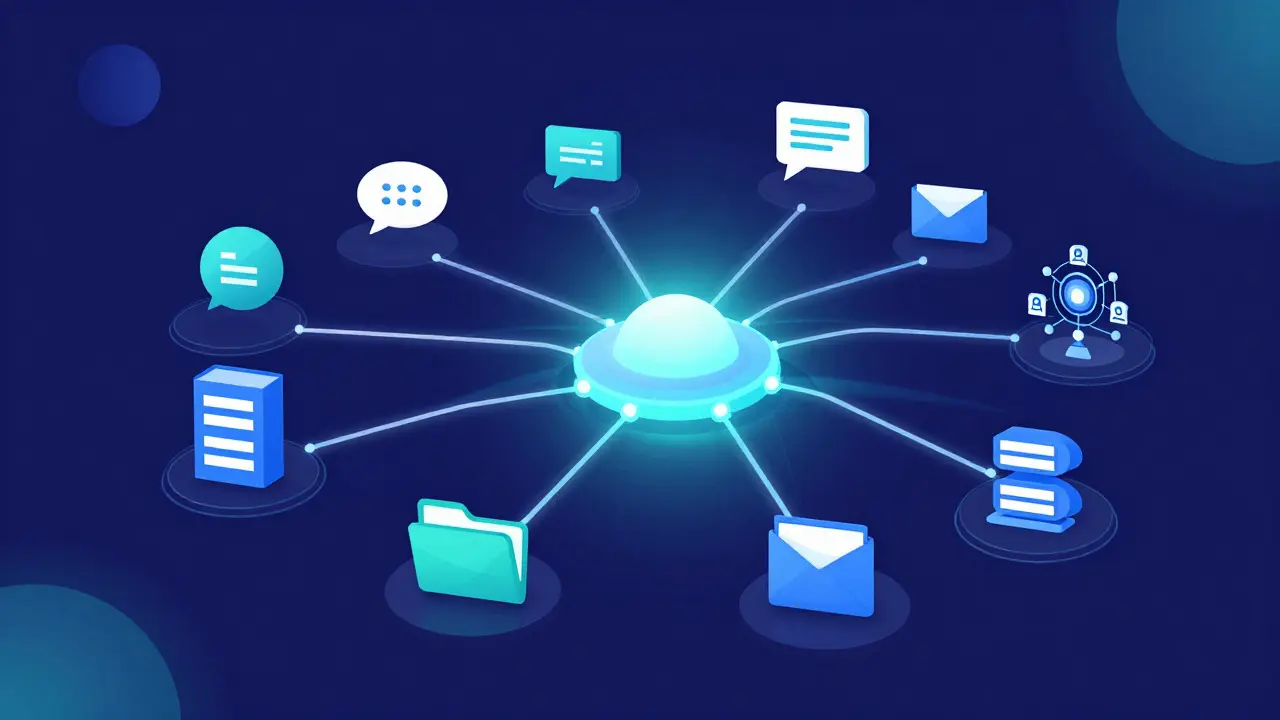 Abstract visualization of AI agents processing customer support queries