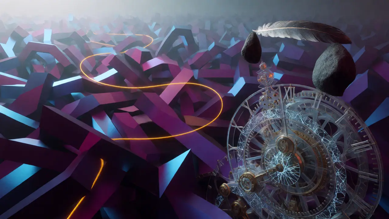 Abstract visualization of causality weaving through chaotic data streams and complex mechanisms.