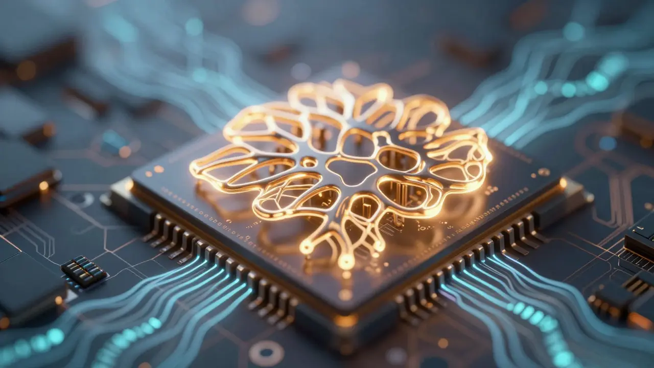 Close-up of a glowing neuromorphic chip resembling biological neurons
