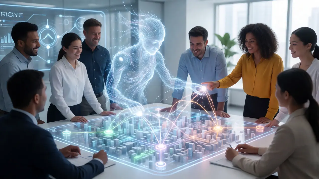 Human professionals collaborating with a glowing AI interface on a holographic city model.