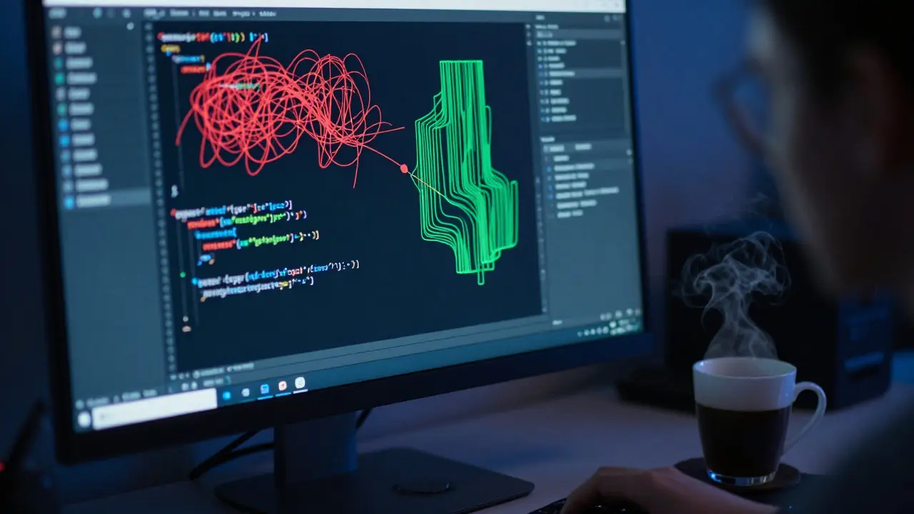 Programmer's desk with screen showing code refactoring from messy to clean