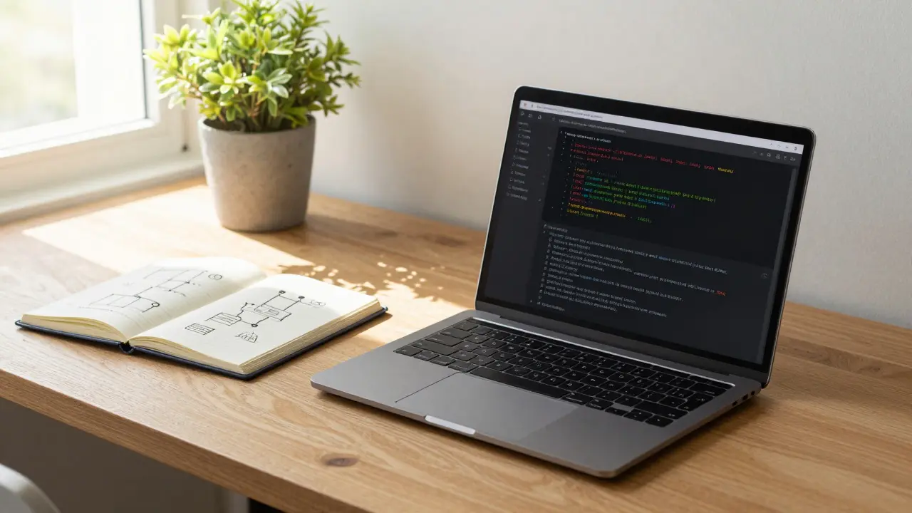 Serene workspace with closed laptop and sunlight, symbolizing breaks and balance