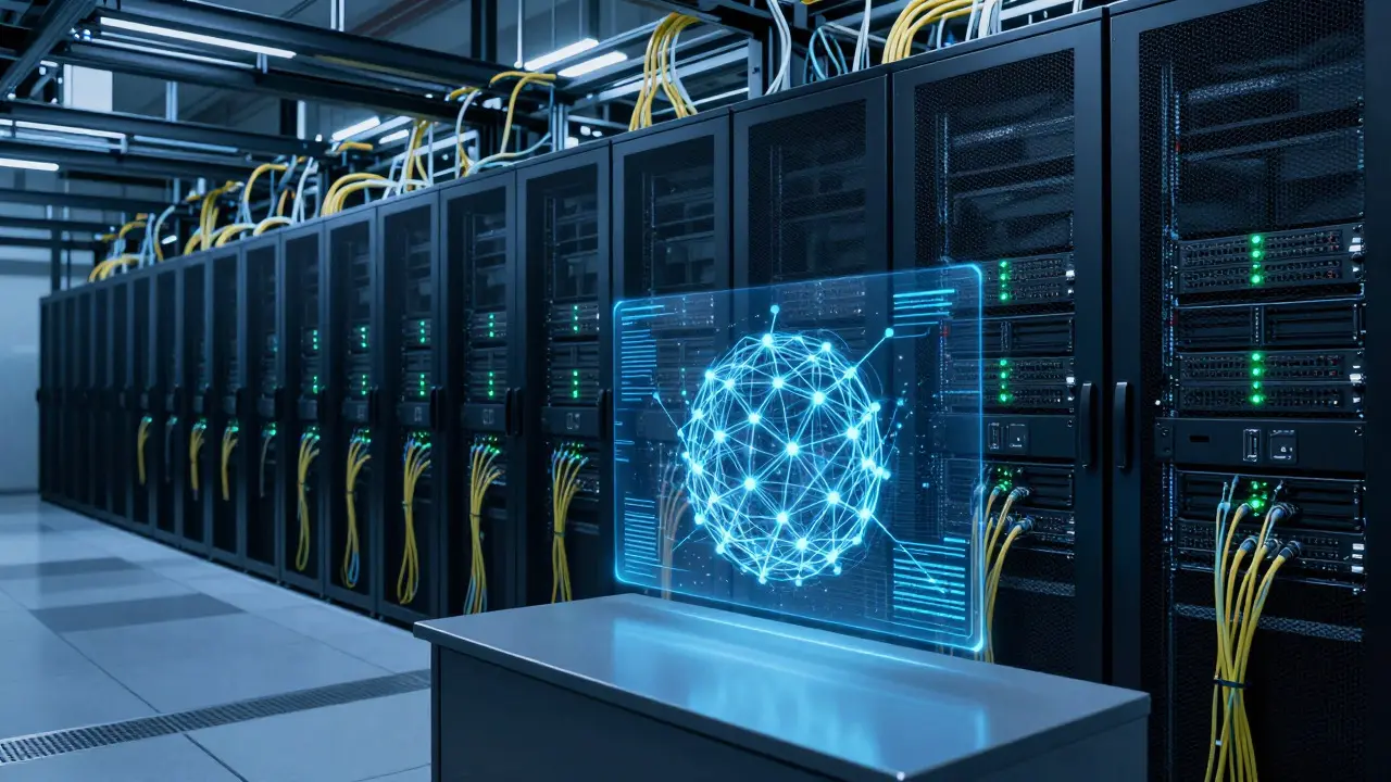 Server room with glowing cables and a floating neural network graphic