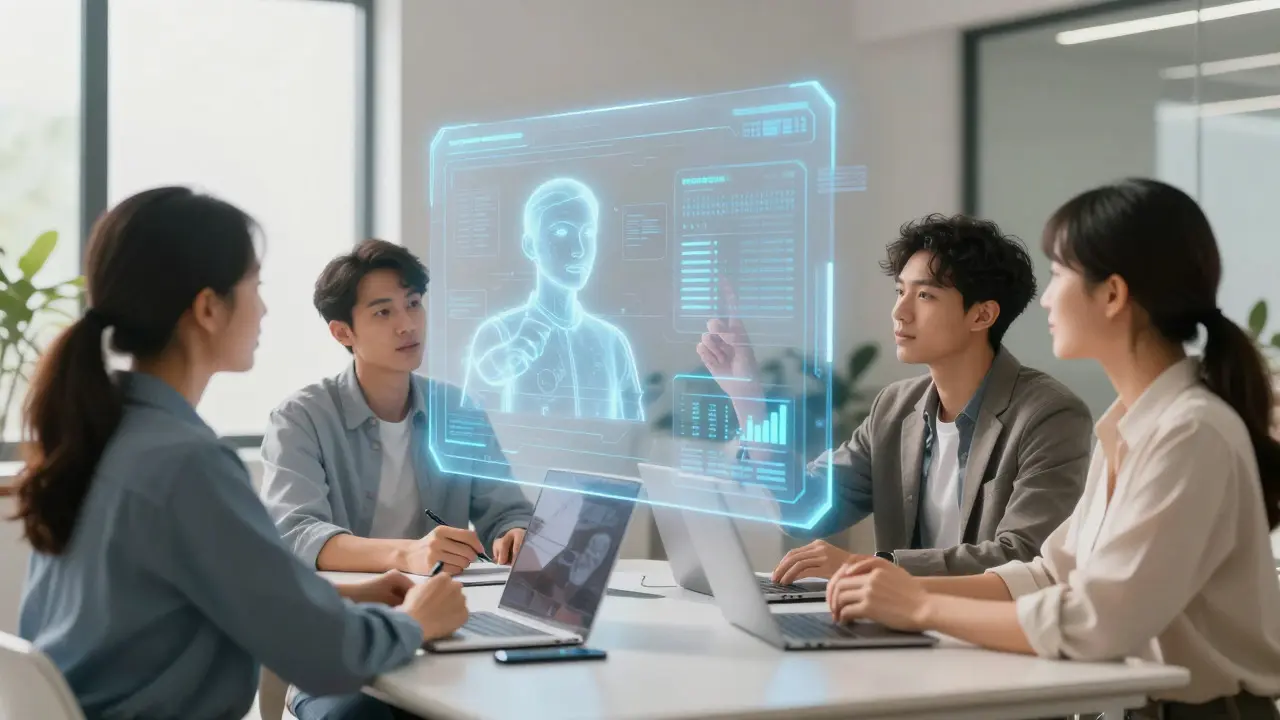 Team collaborating with floating AI interfaces for strategic decisions