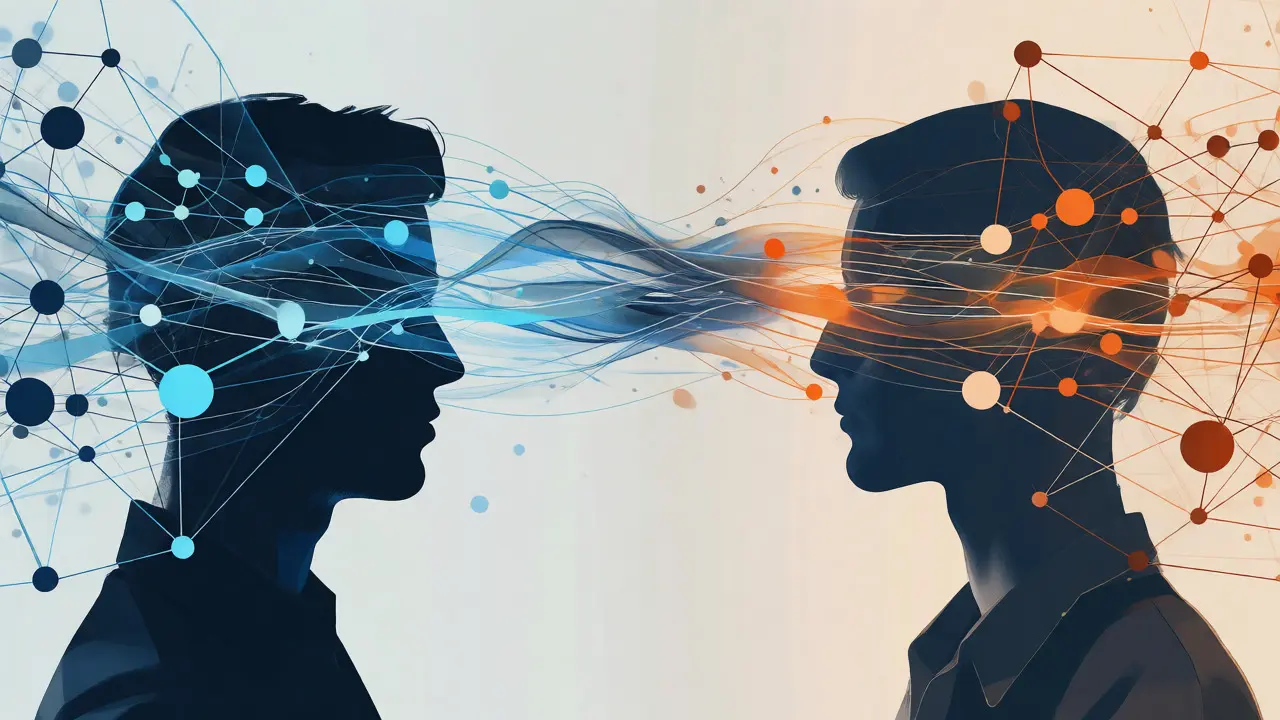 Abstract digital art showing data connecting two human silhouettes