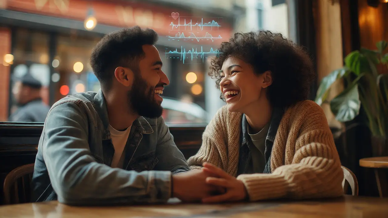 Couple laughing in cafe with holographic biometric data overlays