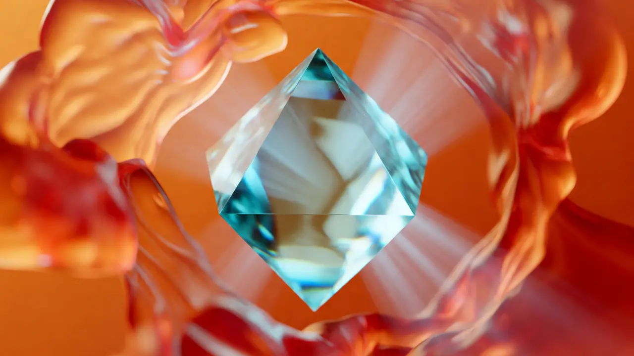 Crystal shape amidst chaotic swirls representing immutable data