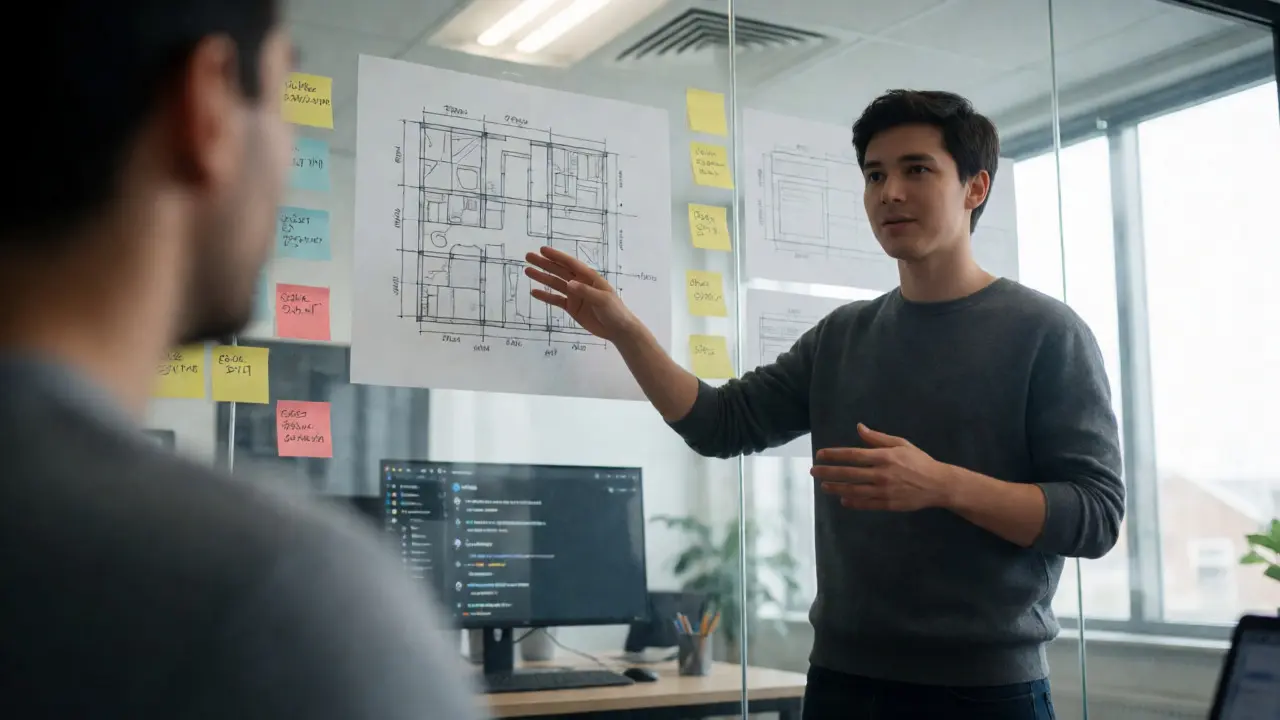 Developer explaining code architecture on a whiteboard to a colleague