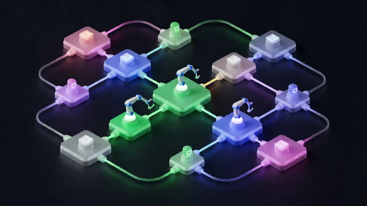 Glowing modular blocks connected by tubes showing dependency injection